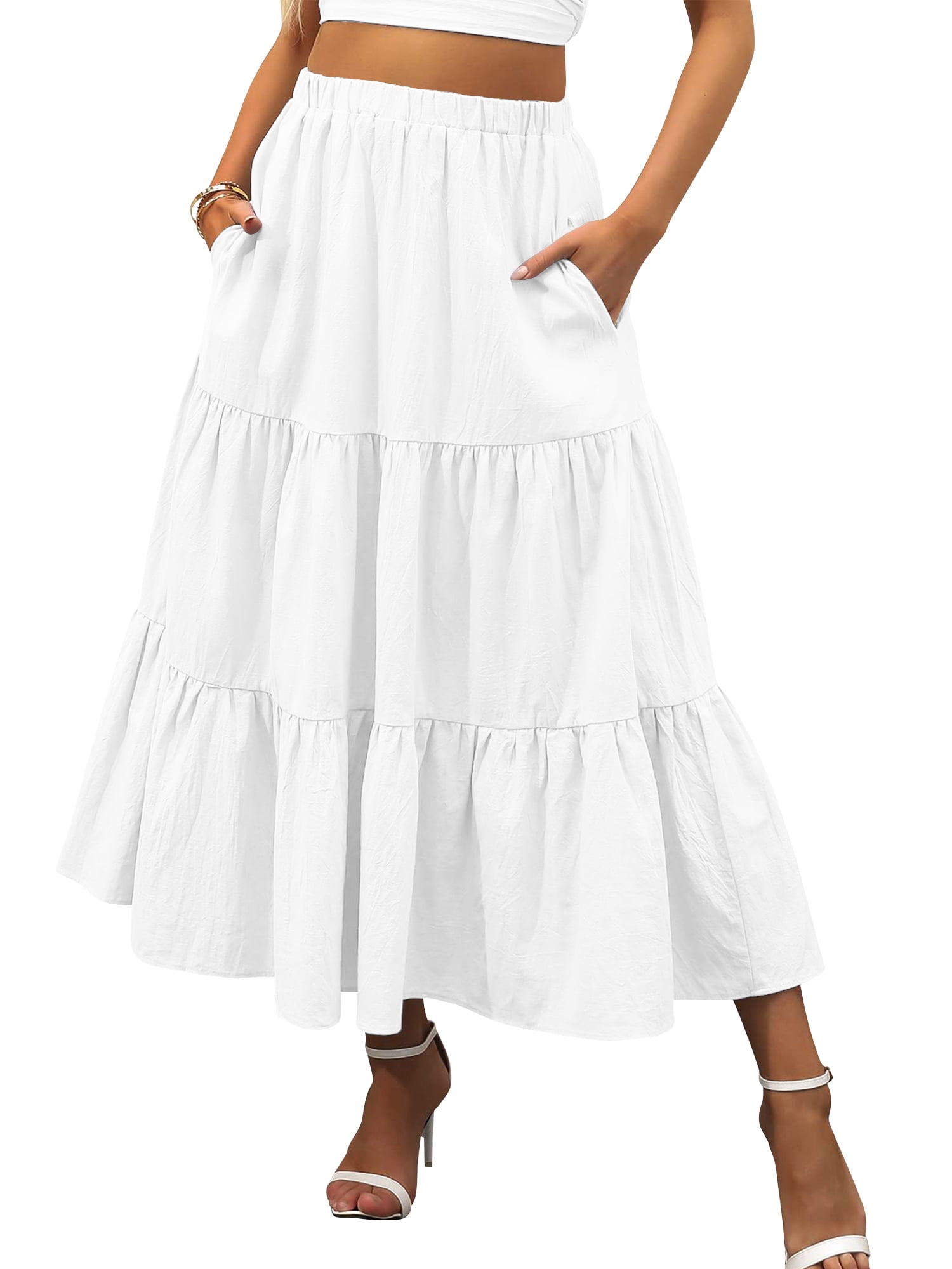 TEMOFON Midi Pleated Skirts for Women with Lining Elastic High Waist with Pockets Maxi A Line Linen Summer Clothes Trendy Flowy White M