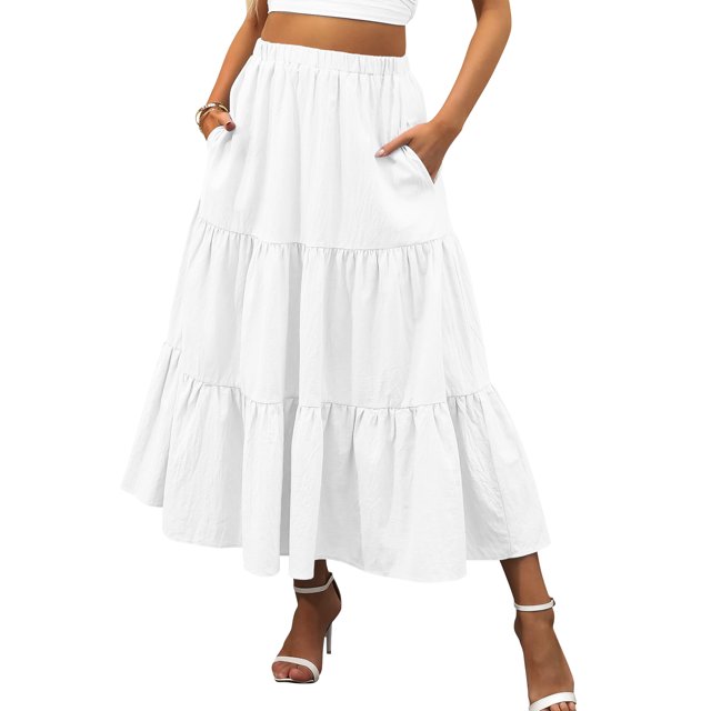 TEMOFON Midi Pleated Skirts for Women with Lining Elastic High Waist with Pockets Maxi A Line Linen Summer Clothes Trendy Flowy White M