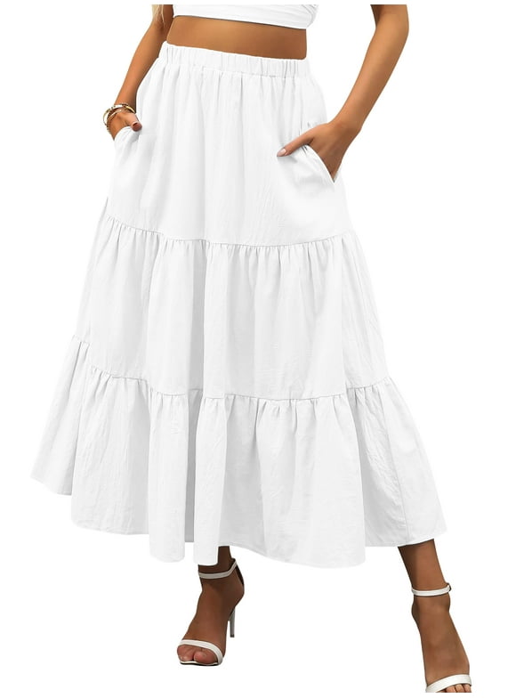 Midi Pleated Skirts for Women Elastic High Waist with Pockets Maxi A Line Linen Summer Clothes Trendy Flowy Dresses White M