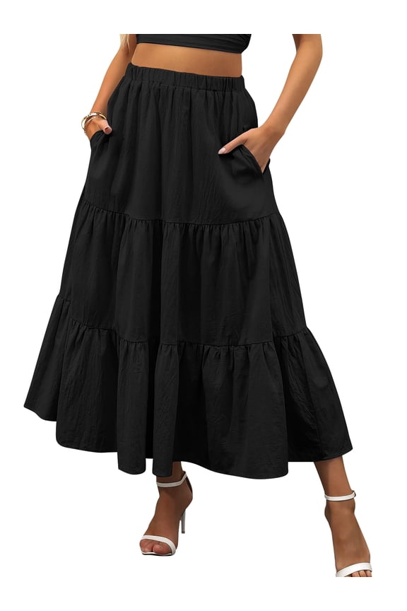 Midi Pleated Skirts for Women Elastic High Waist with Pockets Maxi A Line Trendy Flowy Dresses Summer Linen Clothing Black S