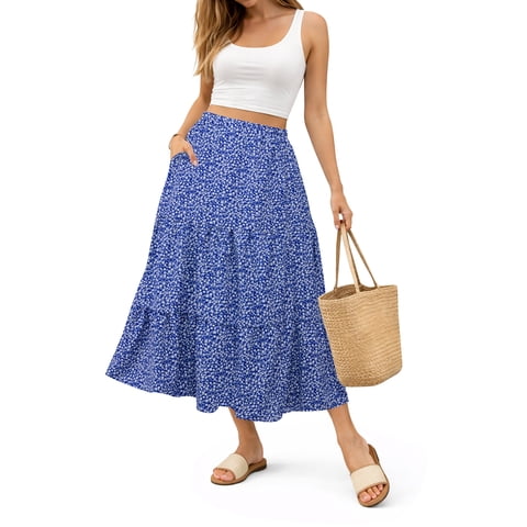 Midi Pleated Skirts for Women with Lining Elastic High Waist with Pockets Maxi A Line Summer Clothes Blue Floral M