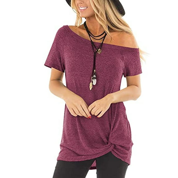 TEMOFON One Shoulder Tops for Women Summer Short Sleeve Tshirt Casual Cute Twist Knot Blouse Winered Tee