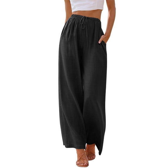 TEMOFON Pants for Women Plus Size Wide Leg Linen Pant Black Summer Casual Palazzo Flowy Pants with Pocket Drawstring Loose Lightweight Pants 3XL