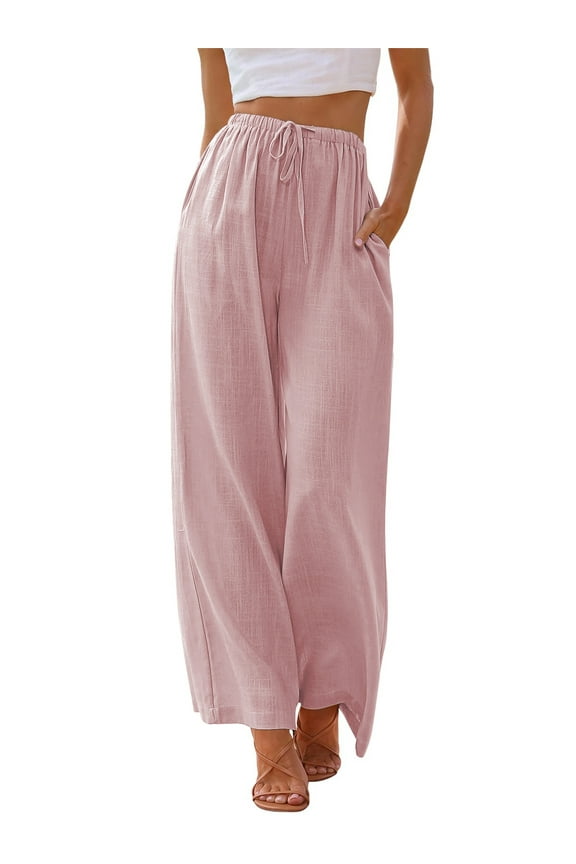 Pants for Women Plus Size Wide Leg Linen Pant Flowy Palazzo Summer Casual Pants with Pocket Pink Drawstring Comfort Loose Lounge Pants 3XL