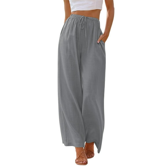TEMOFON Pants for Women Plus Size Wide Leg Linen Pant Palazzo Summer Casual Flowy Pants with Pocket Light Gray Drawstring Loose Comfy Soft Pants 3XL