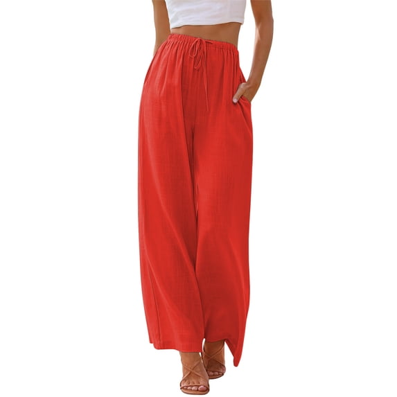 TEMOFON Pants for Women Plus Size Wide Leg Linen Pant Palazzo Summer Casual Flowy Pants with Pocket Orange Drawstring Loose Comfy Soft Pants 3XL