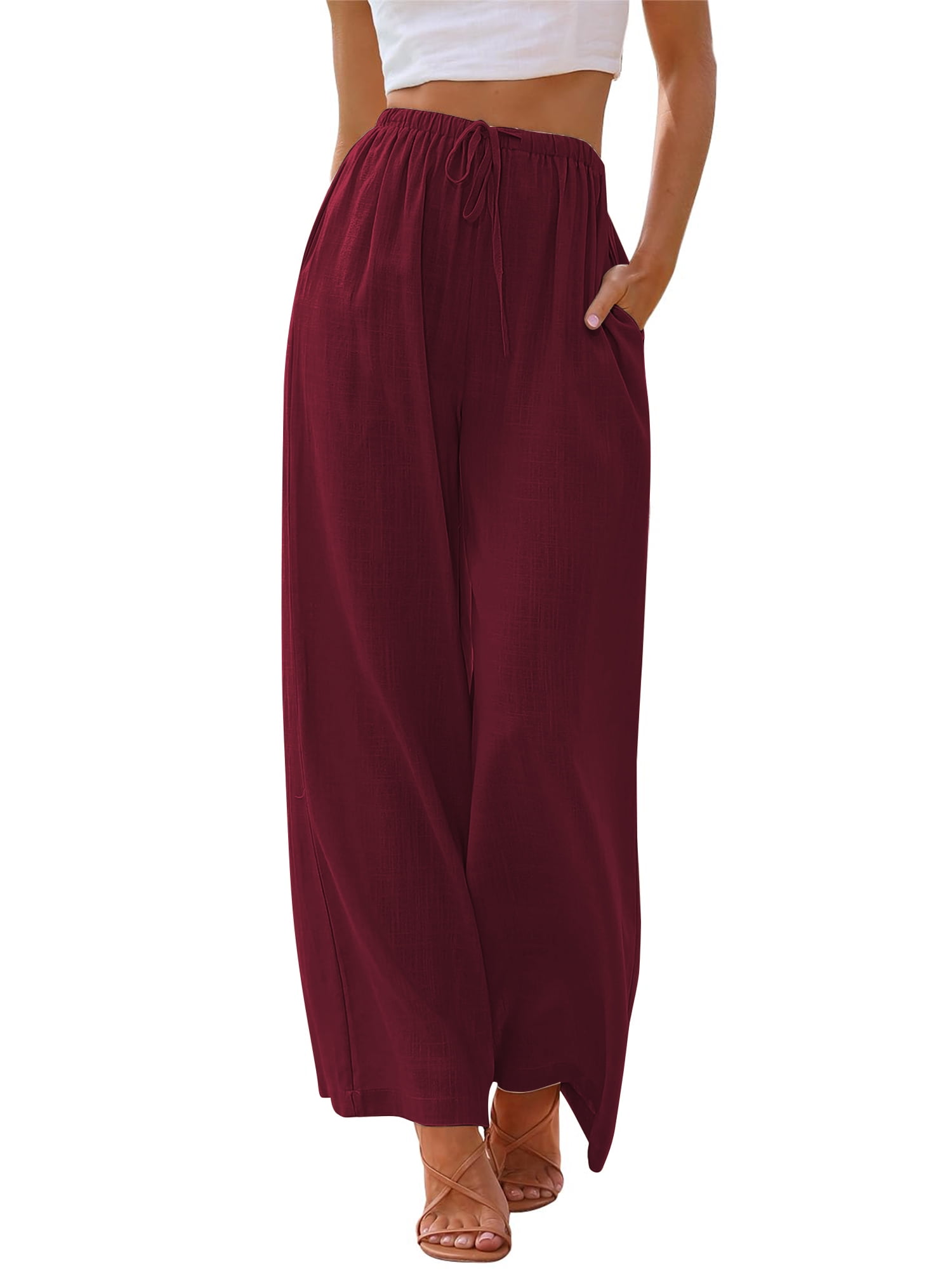 Houseonthehill parents pants Mサイズ Temofon Women's Plus Size Wide Leg Linen Palazzo Pants, Wine Red