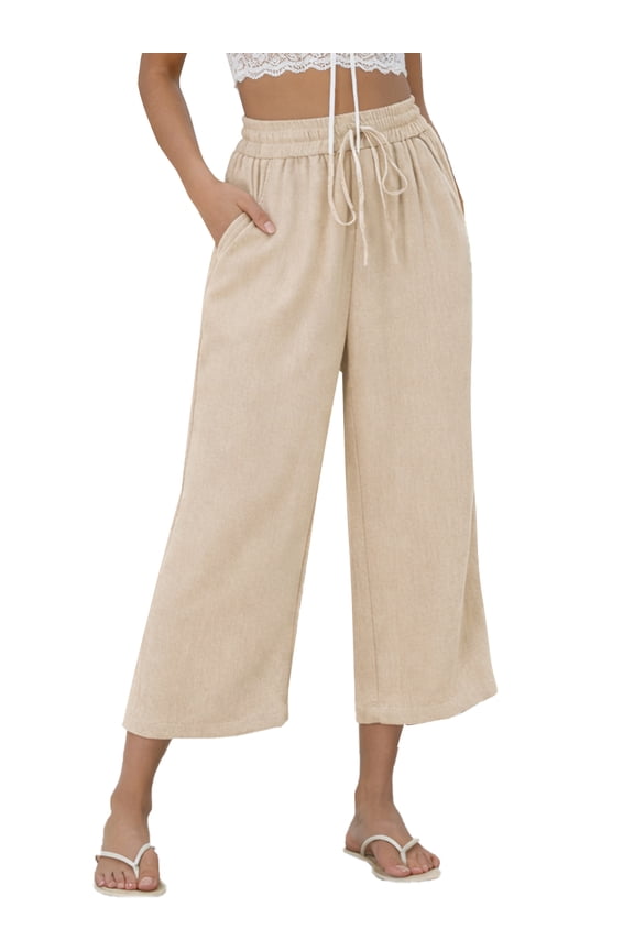 Pants for Women Summer Linen Pants with Pockets Casual Wide Leg Capri Pants Flowy Waisted Drawstring Pants S