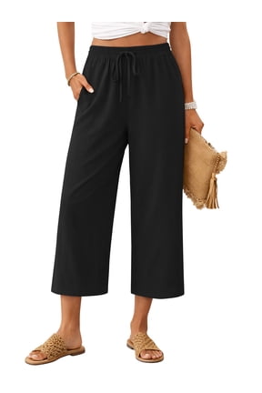 Linen Capri Pants Summer Wide Leg Pants for Women Black Flowy Drawstring Waist Womens Pants XL