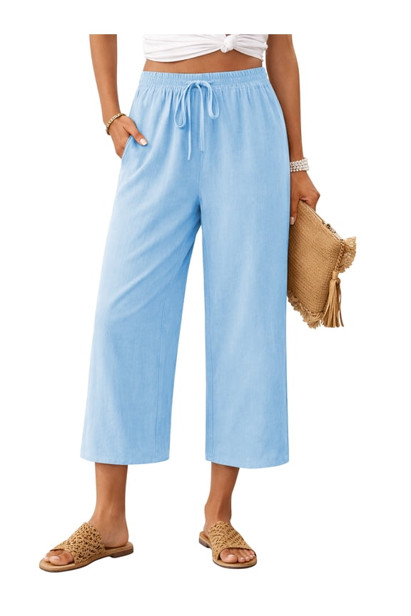 Linen Capri Pants Summer Wide Leg Pants for Women Casual Palazzo Womens Pant with Pocket Light Blue L