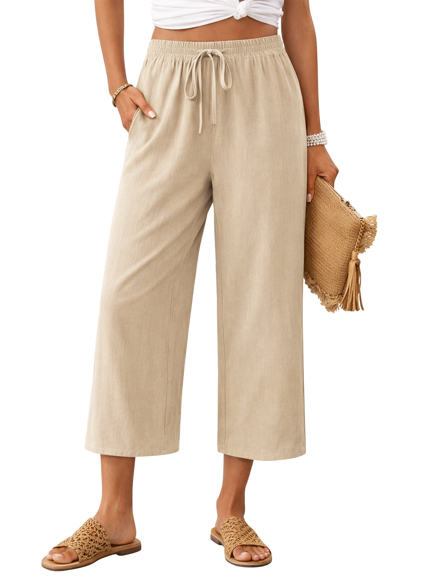 TEMOFON Pants for Women Wide Leg Linen Pant Summer Casual Palazzo Khaki Flowy Pants with Pocket Drawstring Loose Lightweight Pants L