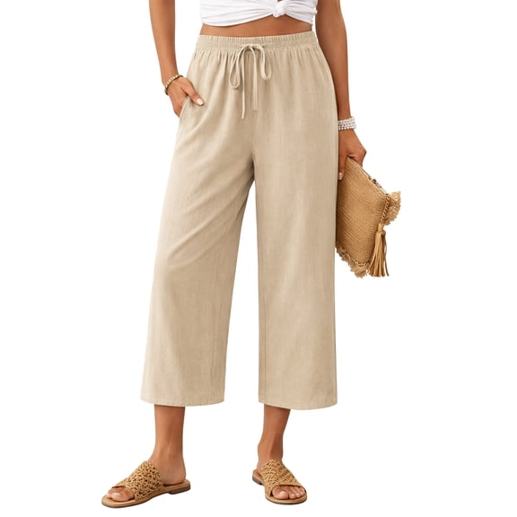 TEMOFON Linen Capri Pants Summer Wide Leg Pants for Women Casual Palazzo Khaki Womens Pant with Pocket L