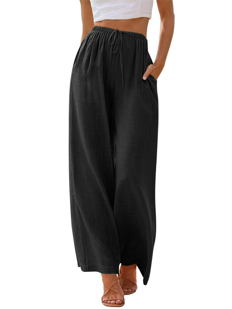 Temofon Women's Wide Leg Linen Pants, Black Palazzo Pants with