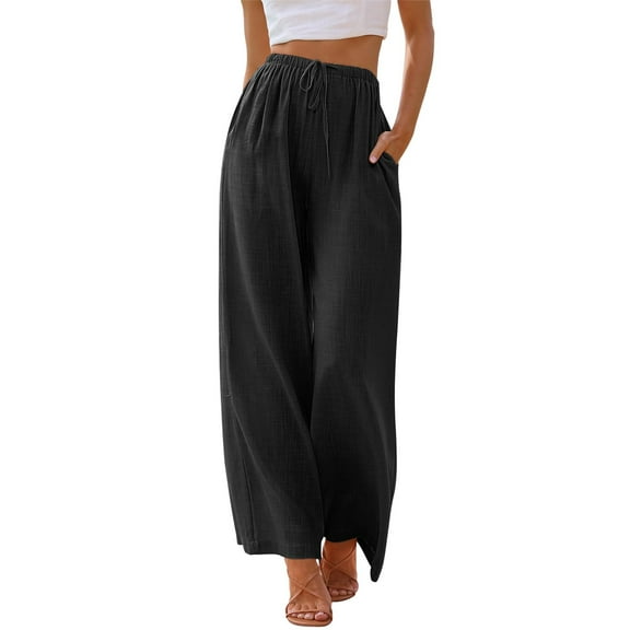 TEMOFON Pants for Women Wide Leg Linen Pant Black Summer Casual Palazzo Flowy Pants with Pocket Drawstring Loose Lightweight Pants M