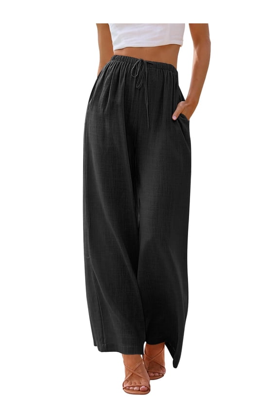 Pants for Women Wide Leg Linen Pant Black Summer Casual Palazzo Flowy Pants with Pocket Drawstring Loose Lightweight Pants M