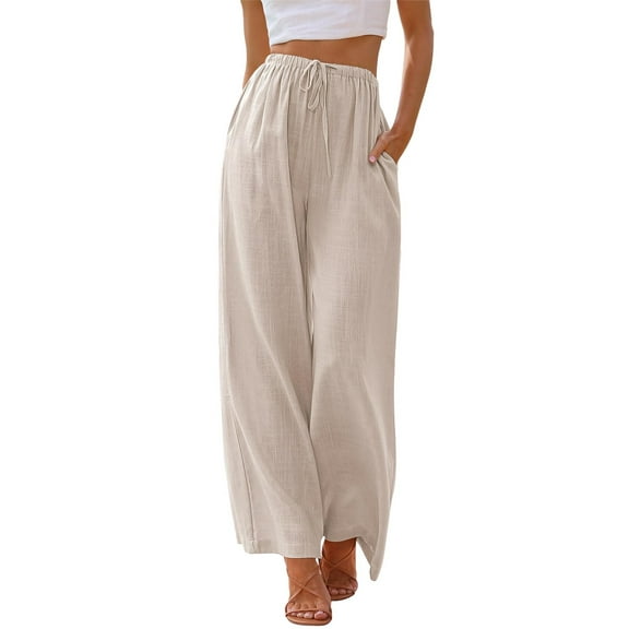 TEMOFON Pants for Women Wide Leg Linen Pant Casual Palazzo Summer Flowy Pants with Pocket Apricot Drawstring Comfy Loose Lounge Pants L