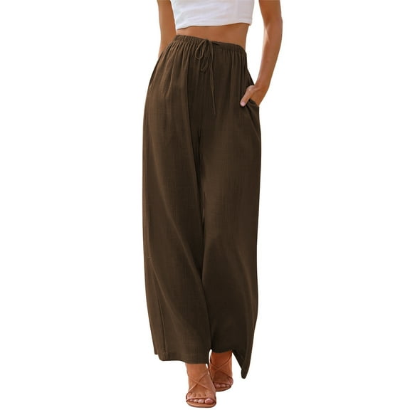 TEMOFON Pants for Women Wide Leg Linen Pant Casual Palazzo Summer Flowy Pants with Pocket Coffee Drawstring Loose Lounge Pants M