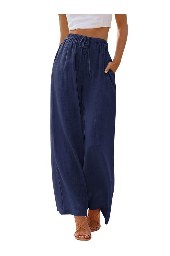 Pants for Women Wide Leg Linen Pant Casual Palazzo Summer Flowy Pants with Pocket Navy Blue Drawstring Loose Lounge Pants XL