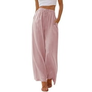 TEMOFON Pants for Women Wide Leg Linen Pant Flowy Palazzo Summer Casual Pants with Pocket Pink Drawstring Comfort Loose Lounge Pants L