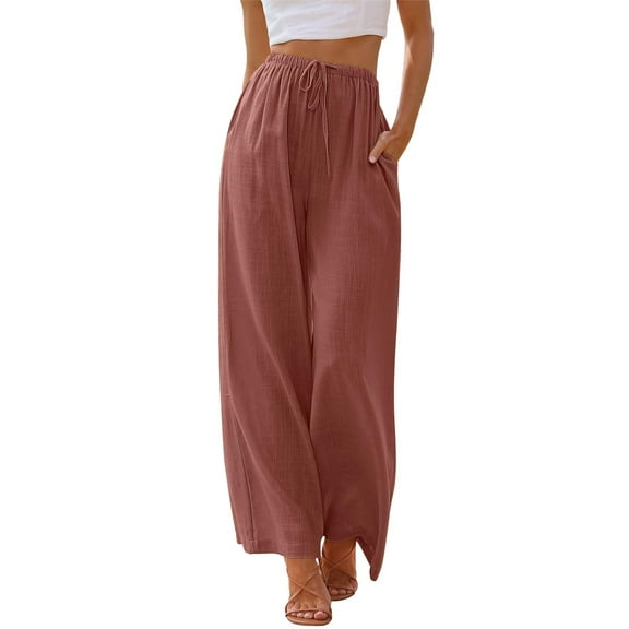 TEMOFON Pants for Women Wide Leg Linen Pant Flowy Palazzo Summer Casual Pants with Pocket Rust Drawstring Comfort Loose Lounge Pants L