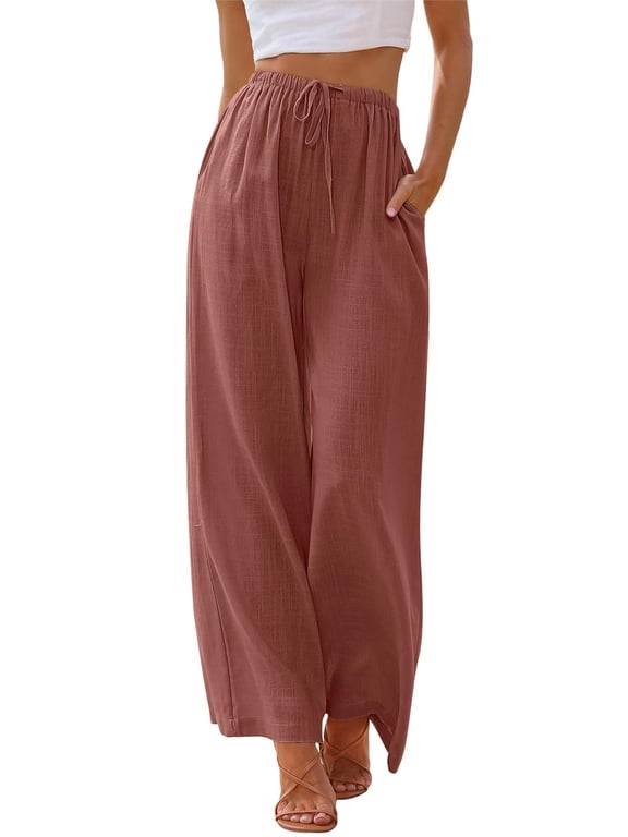 Pants for Women Wide Leg Linen Pant Flowy Palazzo Summer Casual Pants with Pocket Rust Drawstring Comfort Loose Lounge Pants L