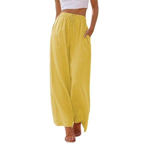 TEMOFON Pants for Women Wide Leg Linen Pant Flowy Palazzo Summer Casual Pants with Pocket Yellow Drawstring Comfort Loose Lounge Pants S