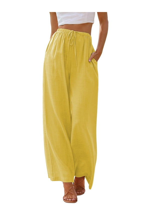 Pants for Women Wide Leg Linen Pant Flowy Palazzo Summer Casual Pants with Pocket Yellow Drawstring Comfort Loose Lounge Pants S