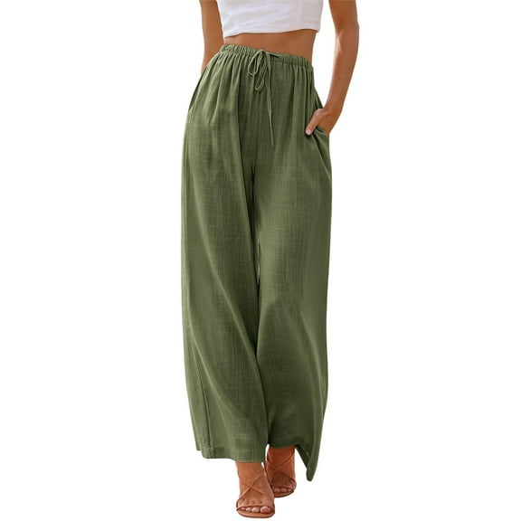 TEMOFON Pants for Women Wide Leg Linen Pant Palazzo Summer Casual Flowy Pants with Pocket Army Green Drawstring Loose Comfy Soft Pants L