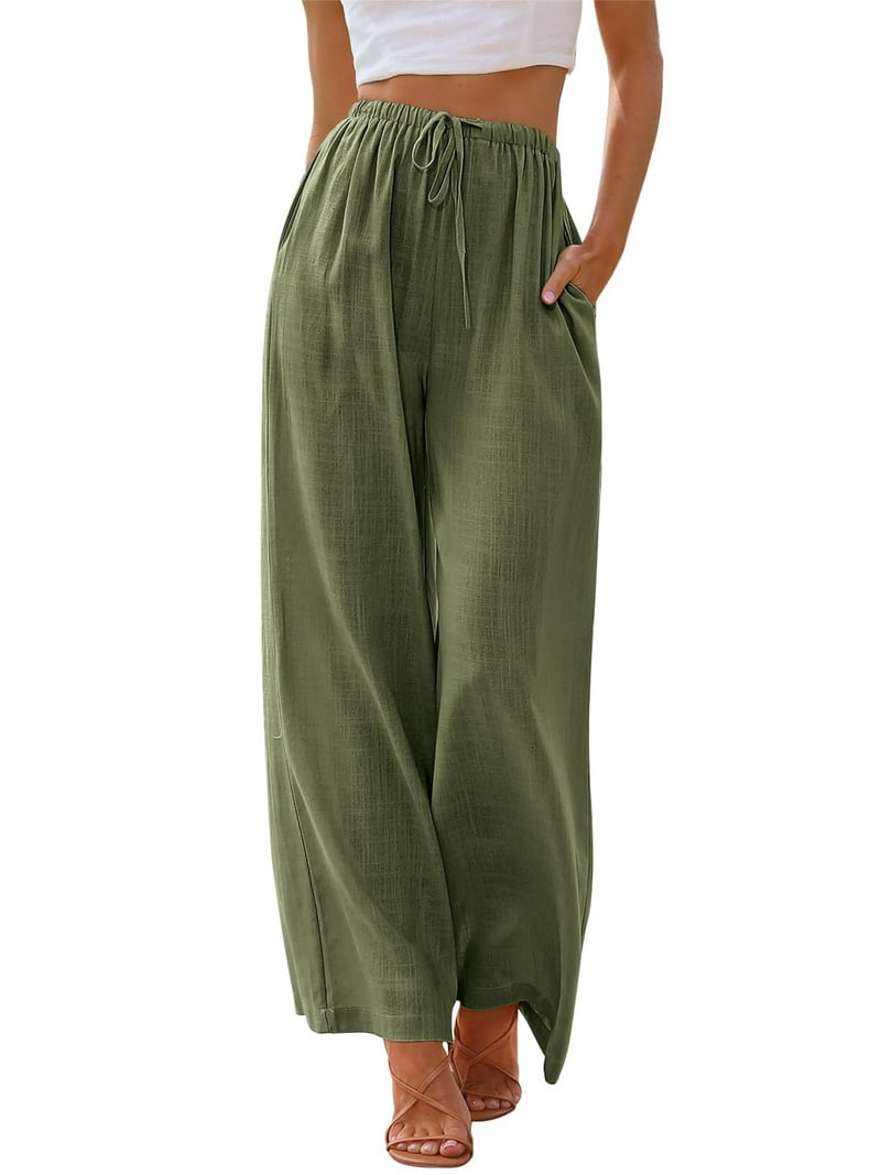 Temofon Women's Wide Leg Linen Pants, Drawstring, Flowy, Army