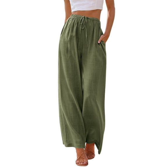 TEMOFON Pants for Women Wide Leg Linen Pant Palazzo Summer Casual Flowy Pants with Pocket Army Green Drawstring Loose Comfy Soft Pants M