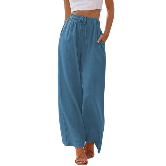 TEMOFON Pants for Women Wide Leg Linen Pant Palazzo Summer Casual Flowy Pants with Pocket Blue Drawstring Loose Comfy Soft Pants M