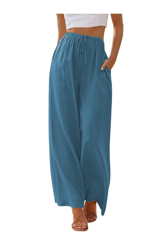 Pants for Women Wide Leg Linen Pant Palazzo Summer Casual Flowy Pants with Pocket Blue Drawstring Loose Comfy Soft Pants XL
