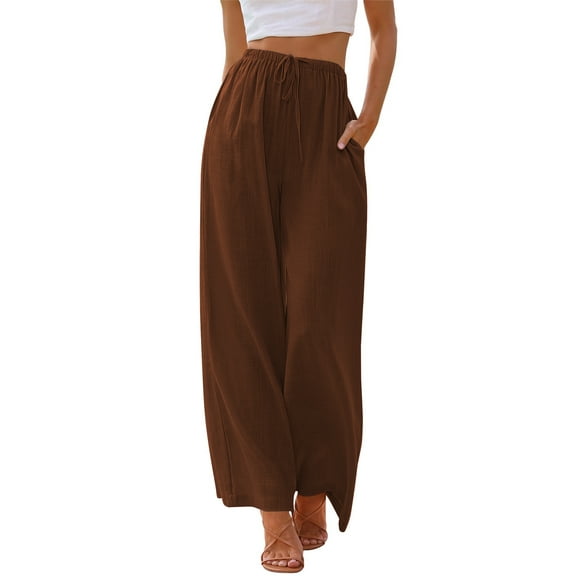 TEMOFON Pants for Women Wide Leg Linen Pant Palazzo Summer Casual Flowy Pants with Pocket Caramel Drawstring Loose Comfy Soft Pants L