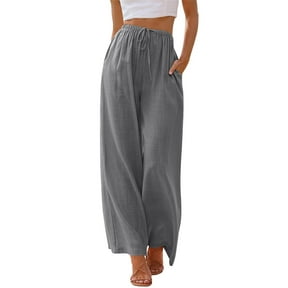 TEMOFON Pants for Women Wide Leg Linen Pant Palazzo Summer Casual Flowy Pants with Pocket Dark Grey Drawstring Loose Comfy Soft Pants L