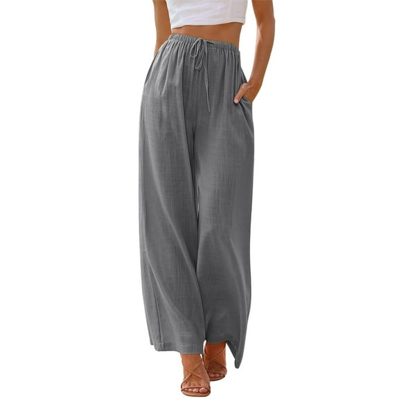 TEMOFON Pants for Women Wide Leg Linen Pant Palazzo Summer Casual Flowy Pants with Pocket Dark Grey Drawstring Loose Comfy Soft Pants L