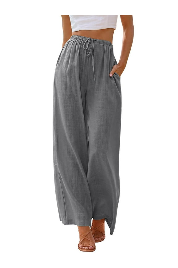 Pants for Women Wide Leg Linen Pant Palazzo Summer Casual Flowy Pants with Pocket Dark Grey Drawstring Loose Comfy Soft Pants XL