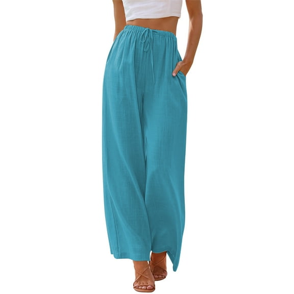 TEMOFON Pants for Women Wide Leg Linen Pant Palazzo Summer Casual Flowy Pants with Pocket Lightblue Drawstring Loose Comfy Soft Pants XL
