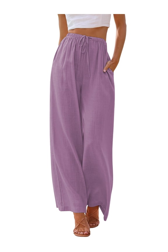Pants for Women Wide Leg Linen Pant Palazzo Summer Casual Flowy Pants with Pocket Purple Drawstring Loose Comfy Soft Pants S