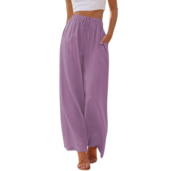 TEMOFON Pants for Women Wide Leg Linen Pant Palazzo Summer Casual Flowy Pants with Pocket Purple Drawstring Loose Comfy Soft Pants XXL