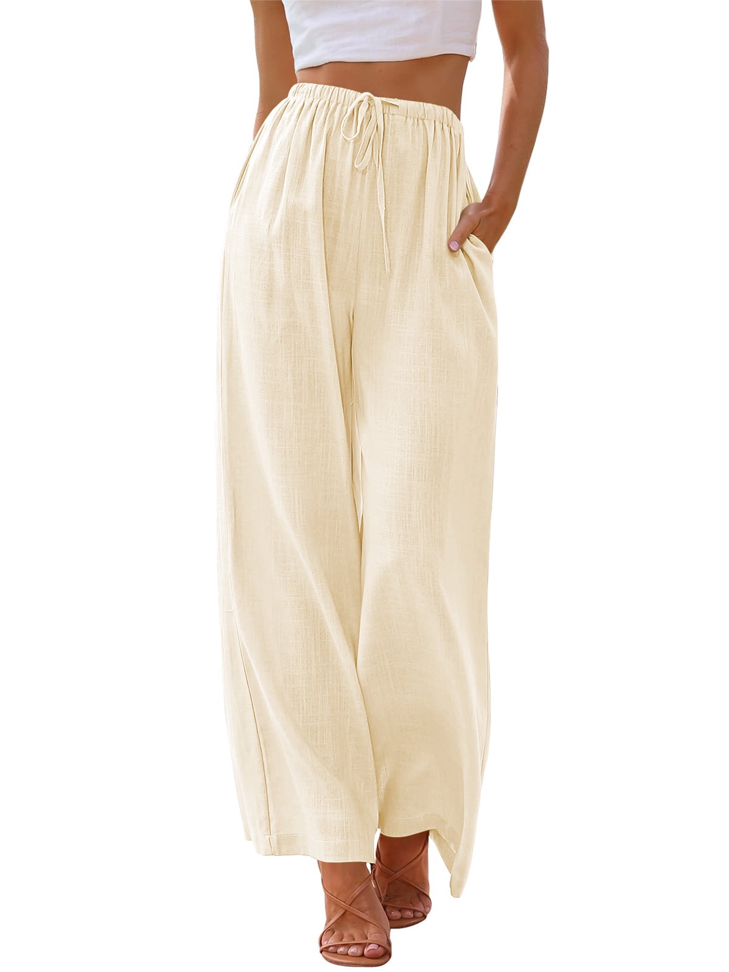 TEMOFON Pants for Women Wide Leg Linen Pant Summer Casual Palazzo Beige Flowy Pants with Pocket Drawstring Loose Lightweight Pants L