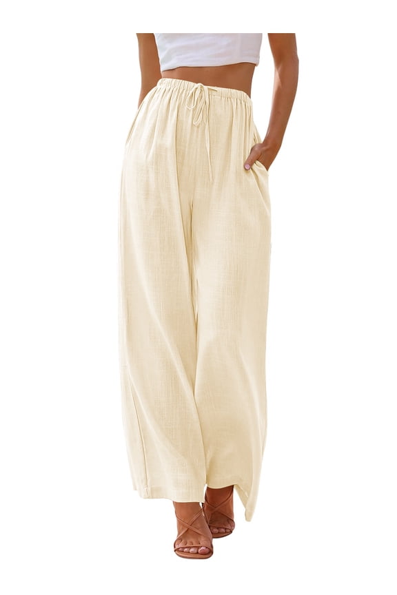 Pants for Women Wide Leg Linen Pant Summer Casual Palazzo Beige Flowy Pants with Pocket Drawstring Loose Lightweight Pants L