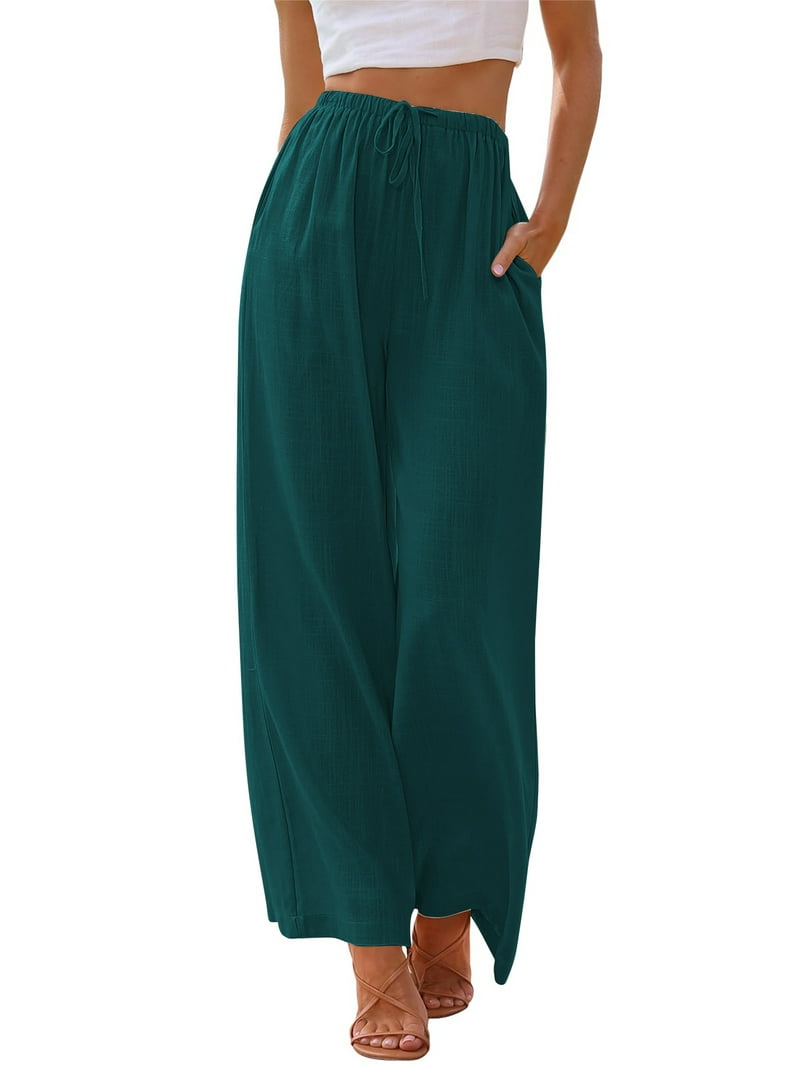 Temofon Women's Wide Leg Linen Pants, Dark Green, Flowy Summer