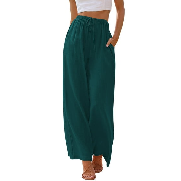 TEMOFON Pants for Women Wide Leg Linen Pant Summer Casual Palazzo Dark Green Flowy Pants with Pocket Drawstring Loose Lightweight Pants L