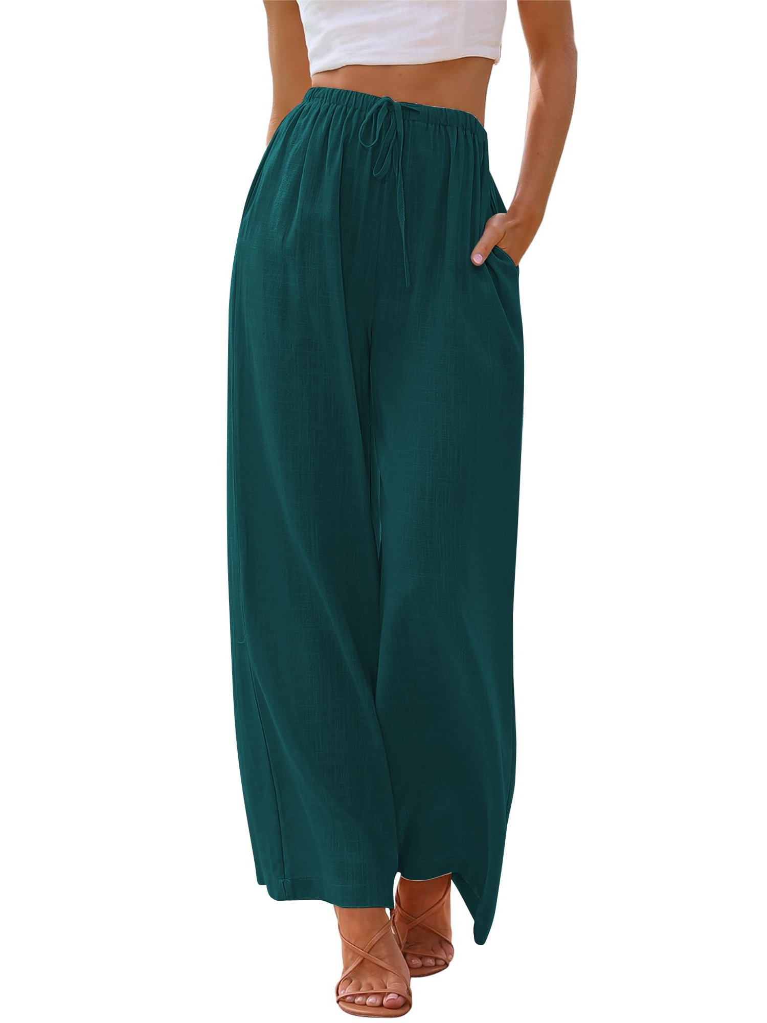 TEMOFON Pants for Women Wide Leg Linen Pant Summer Casual Palazzo