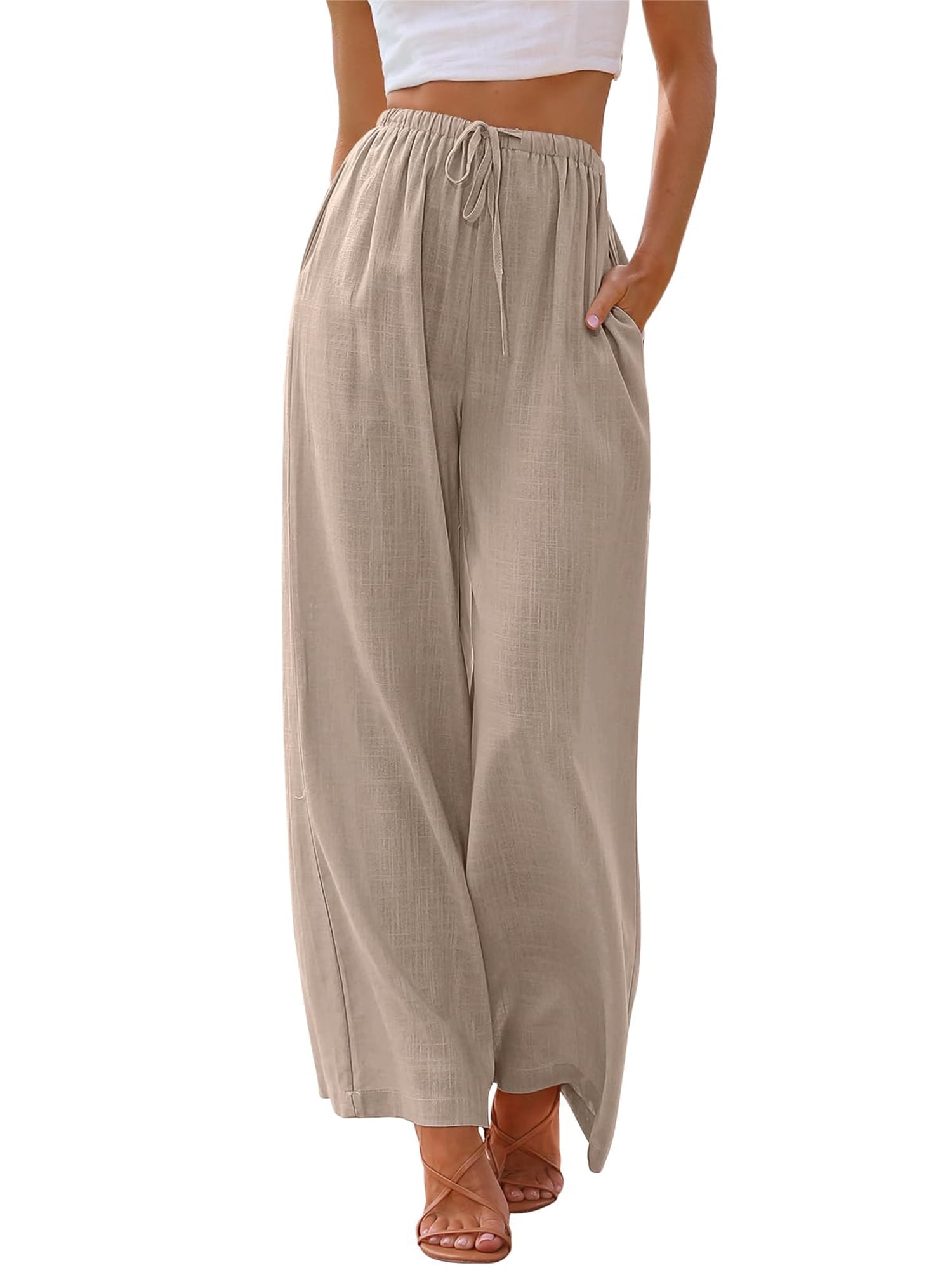 Walmart Coupons of TEMOFON Pants for Women Wide Leg Linen Pant Summer Casual Palazzo Khaki Flowy Pants with Pocket Drawstring Loose Lightweight Pants L