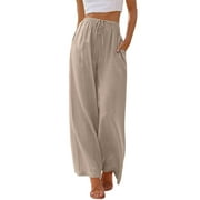 TEMOFON Pants for Women Wide Leg Linen Pant Summer Casual Palazzo Khaki Flowy Pants with Pocket Drawstring Loose Lightweight Pants L