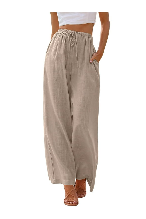 Pants for Women Wide Leg Linen Pant Summer Casual Palazzo Khaki Flowy Pants with Pocket Drawstring Loose Lightweight Pants L