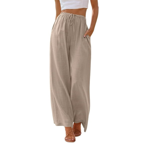TEMOFON Pants for Women Wide Leg Linen Pant Summer Casual Palazzo Khaki Flowy Pants with Pocket Drawstring Loose Lightweight Pants M