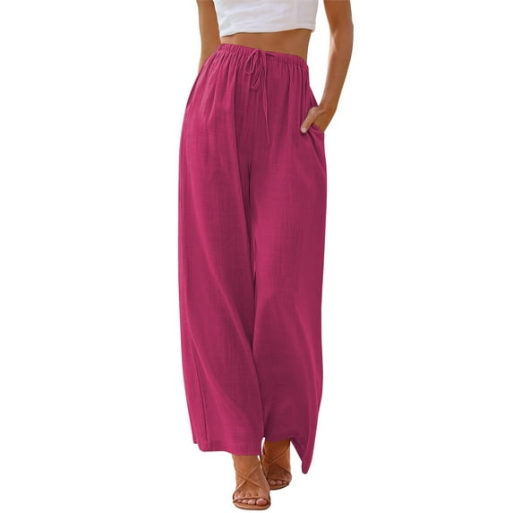 TEMOFON Pants for Women Wide Leg Linen Pant Summer Casual Palazzo Plum Flowy Pants with Pocket Drawstring Loose Lightweight Pants M