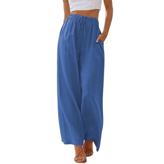 TEMOFON Pants for Women Wide Leg Linen Pant Summer Casual Palazzo Royalblue Flowy Pants with Pocket Drawstring Loose Lightweight Pants S